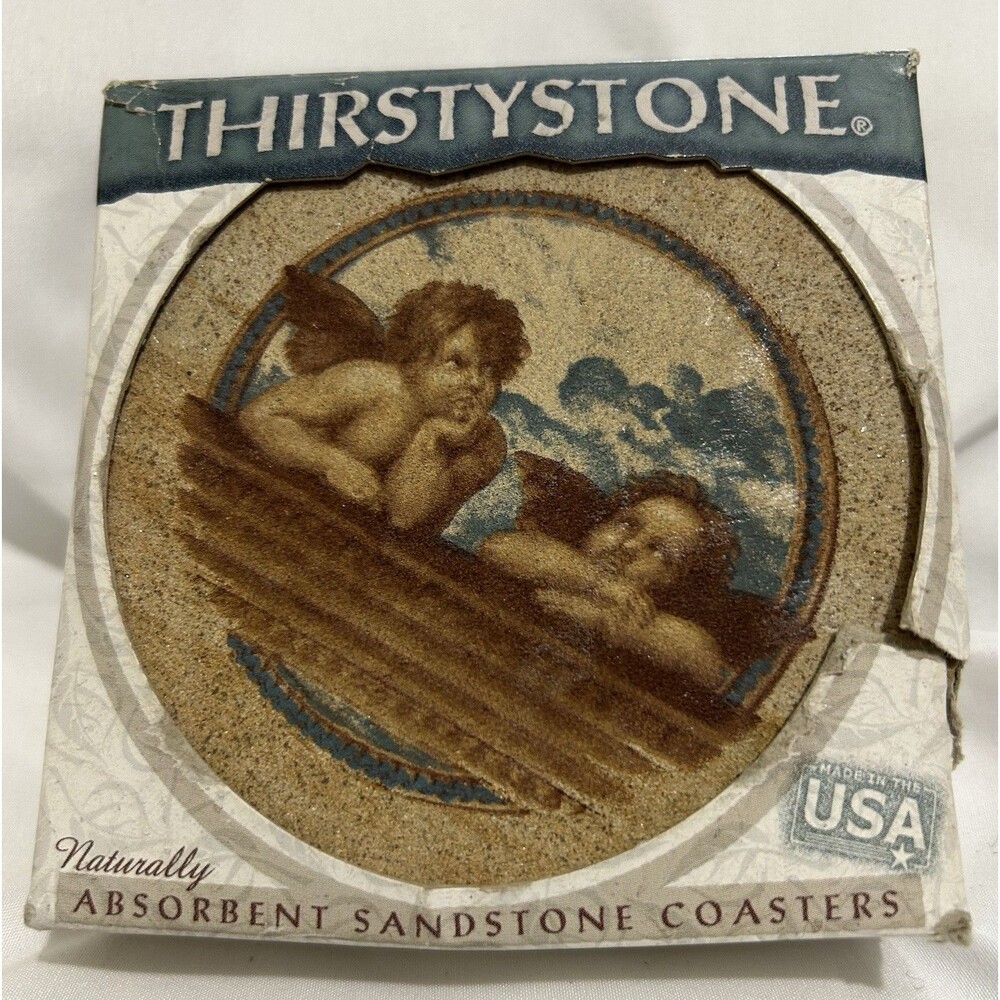 Thirstystone Absorbent Sandstone Coasters Set of 4 Round Angels Cork Back
